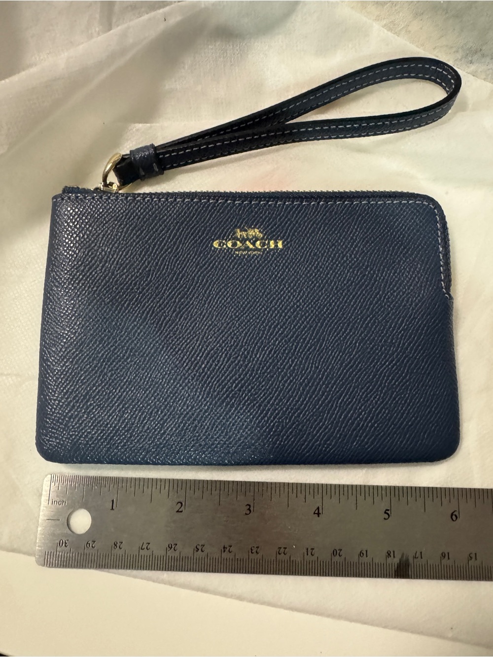 Coach Navy Leather Wristlet Card Case with Gold Logo